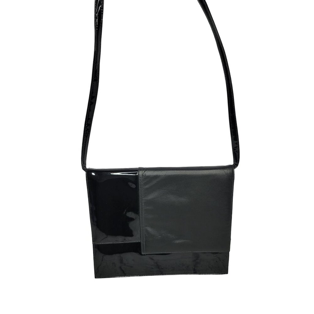 Vintage Margolin Womens Shoulder Bag Black Matte and Patent 60s Leather 10 x 8.5